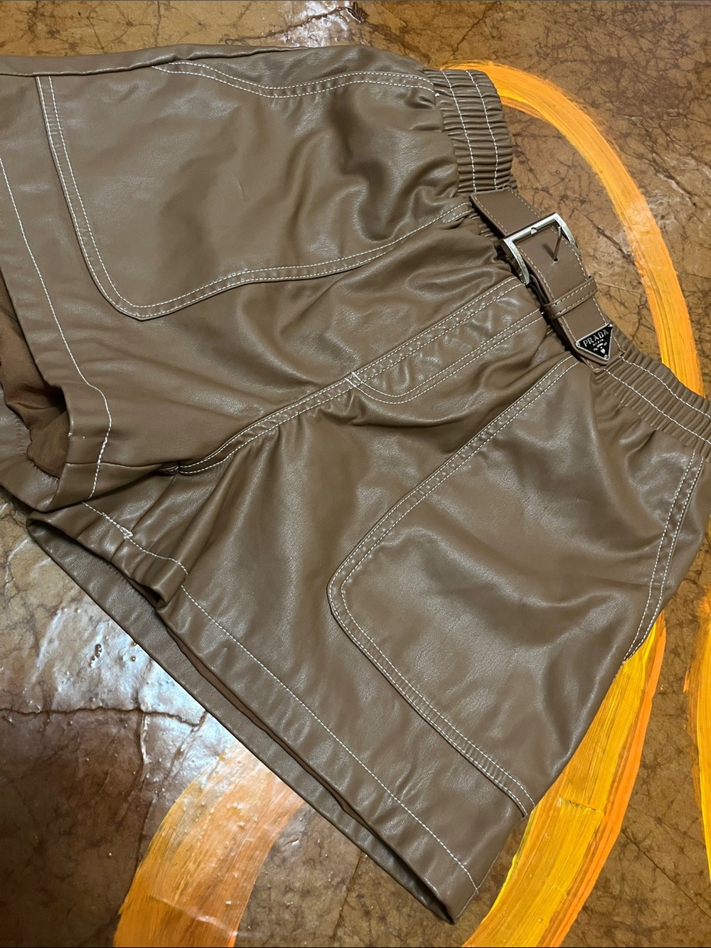 Fashion Brown High-Waist Faux Leather Women's Shorts Sz Large